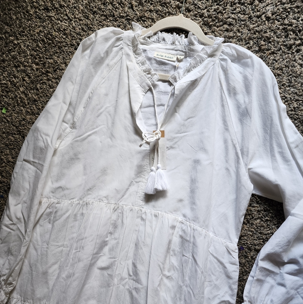 Roller RabbitJanni Tie V-Neck Long Sleeve Ruffle Cuff Waistless Tiered Dress - Picture 13 of 16